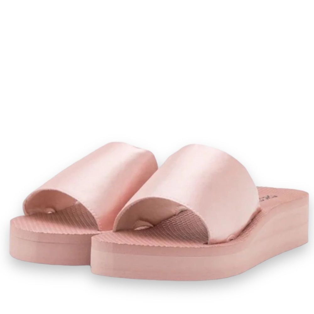 Pink Open Toe Satin Wide Strap Slip On Wedge Sandal NEW